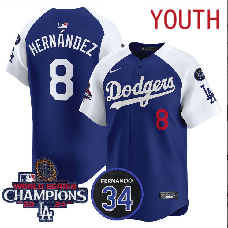 Youth MLB Los Angeles Dodgers #8 Hernandez blue 2024 World Series Champions Patch Limited Jersey style 5->youth mlb jersey->Youth Jersey